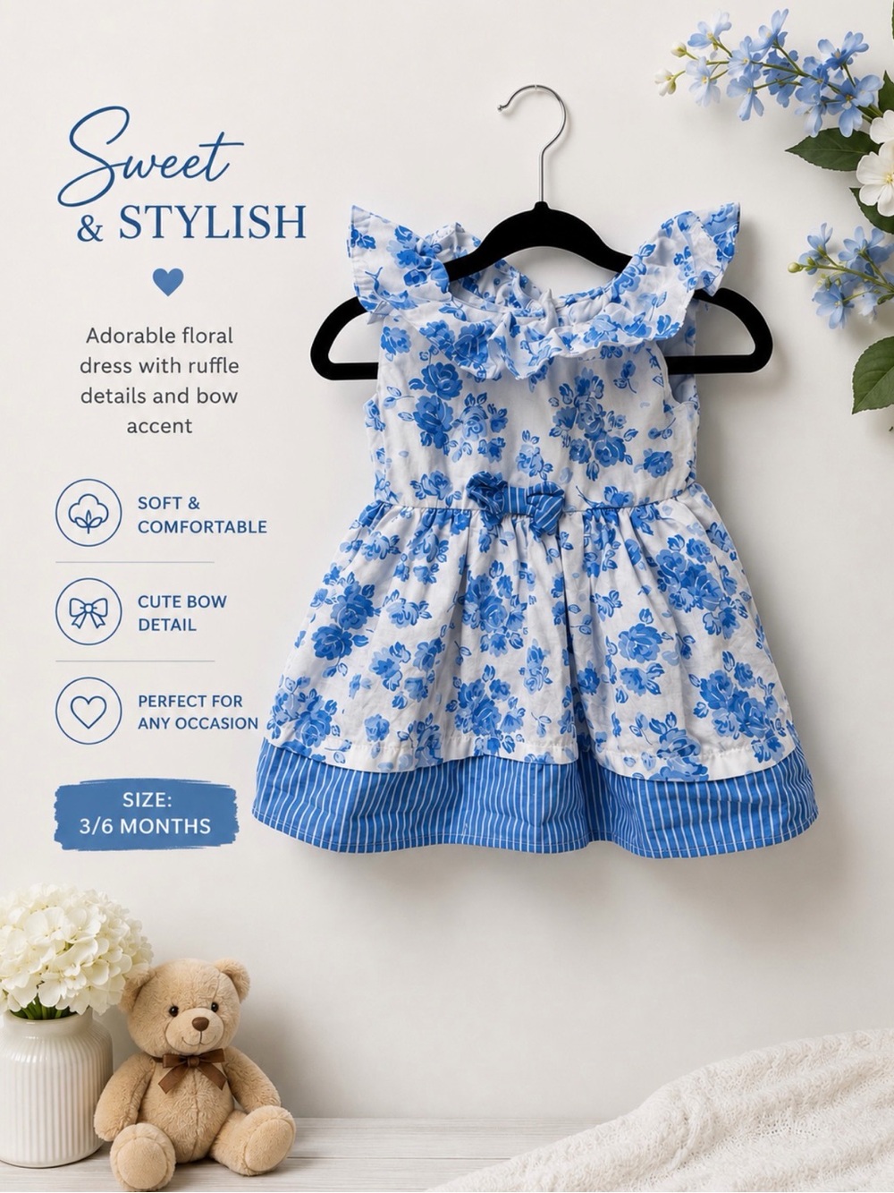 Nannette Blue and White Floral Ruffle sleeveless Dress with Bow 3/6 months
